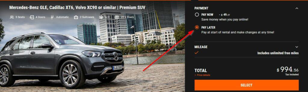 Pay Later Option on Sixt website