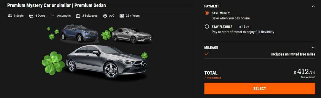 Two different payment options are available to book the Sixt Premium Mystery Car